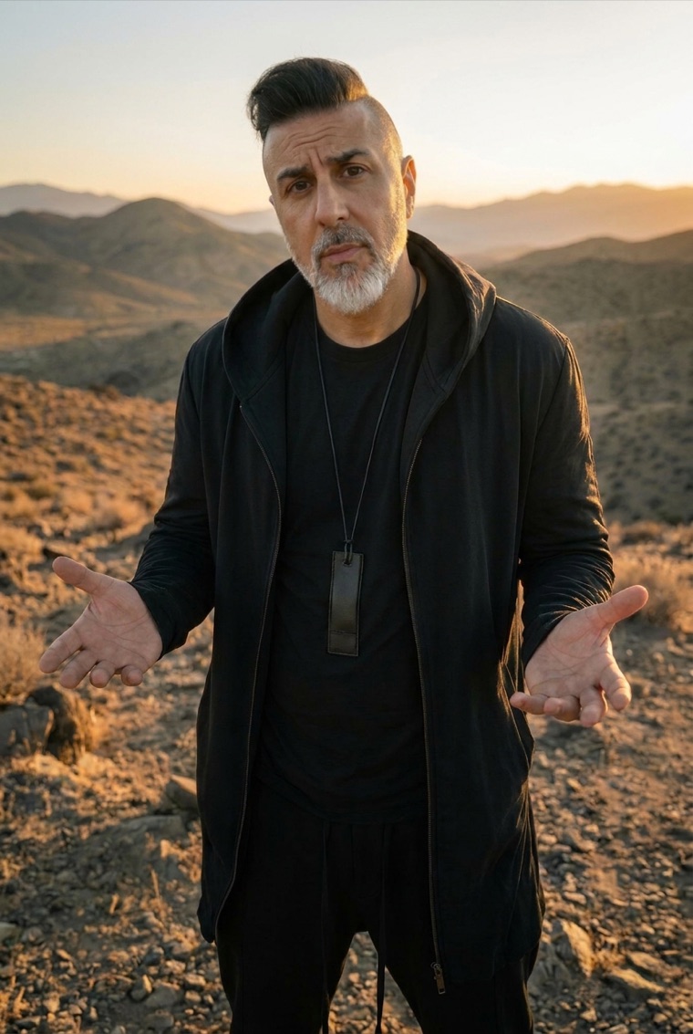 Skott standing in the desert at sunset, palms up in a shrug